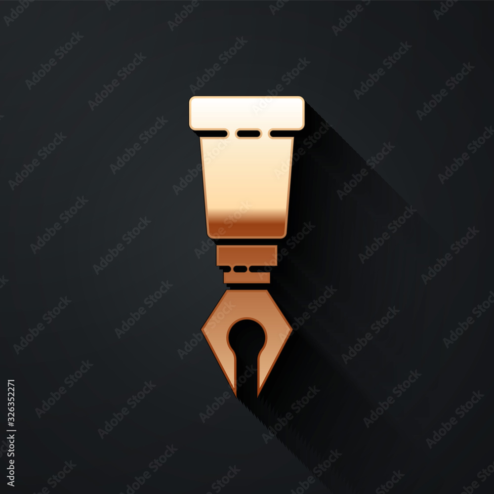 Gold Fountain pen nib icon isolated on black background. Pen tool sign. Long shadow style. Vector Il