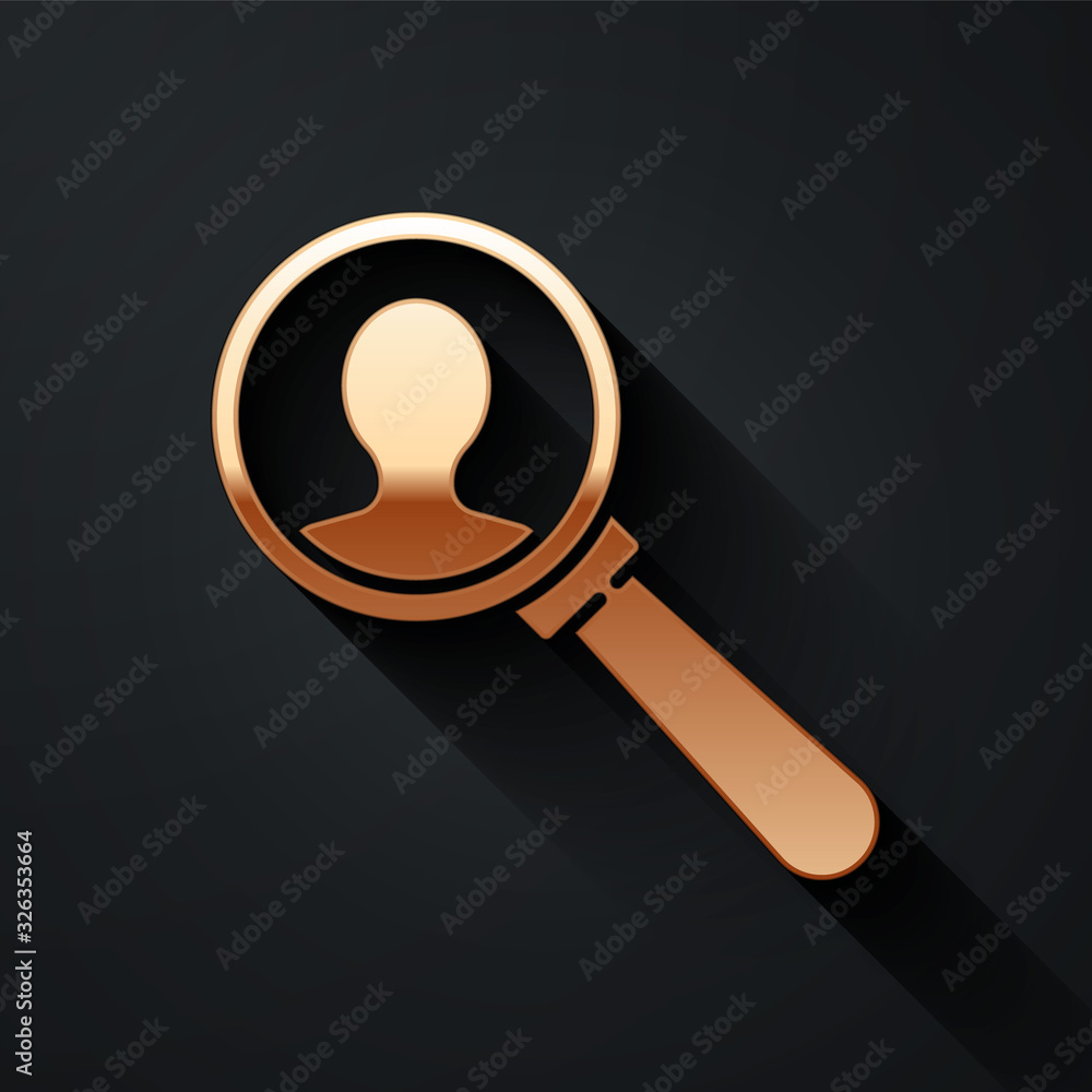 Gold Magnifying glass for search a people icon isolated on black background. Recruitment or selectio