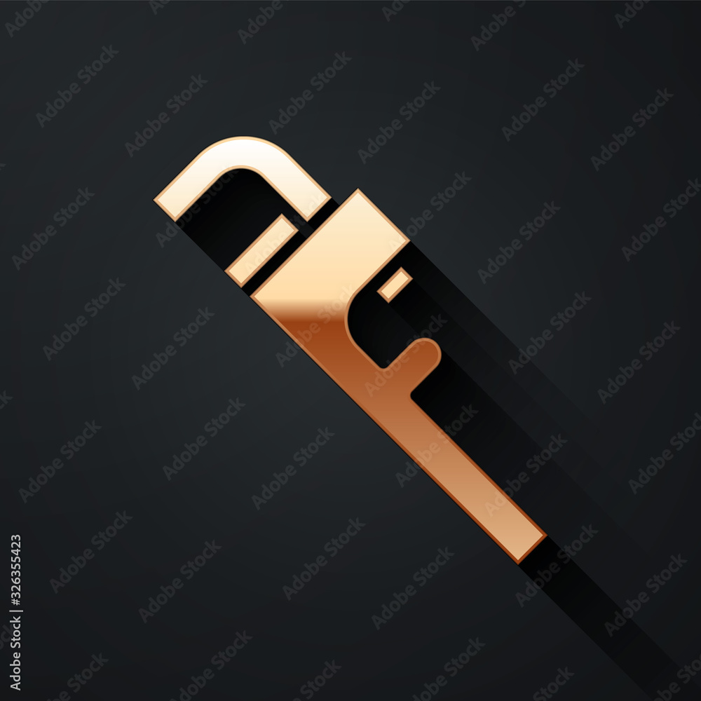 Gold Pipe adjustable wrench icon isolated on black background. Long shadow style. Vector Illustratio