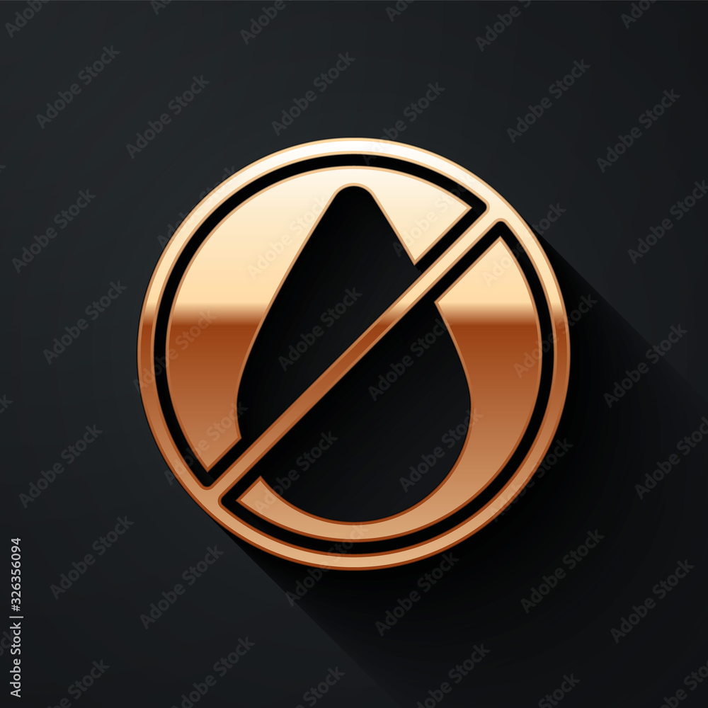 Gold Water drop forbidden icon isolated on black background. No water sign. Long shadow style. Vecto