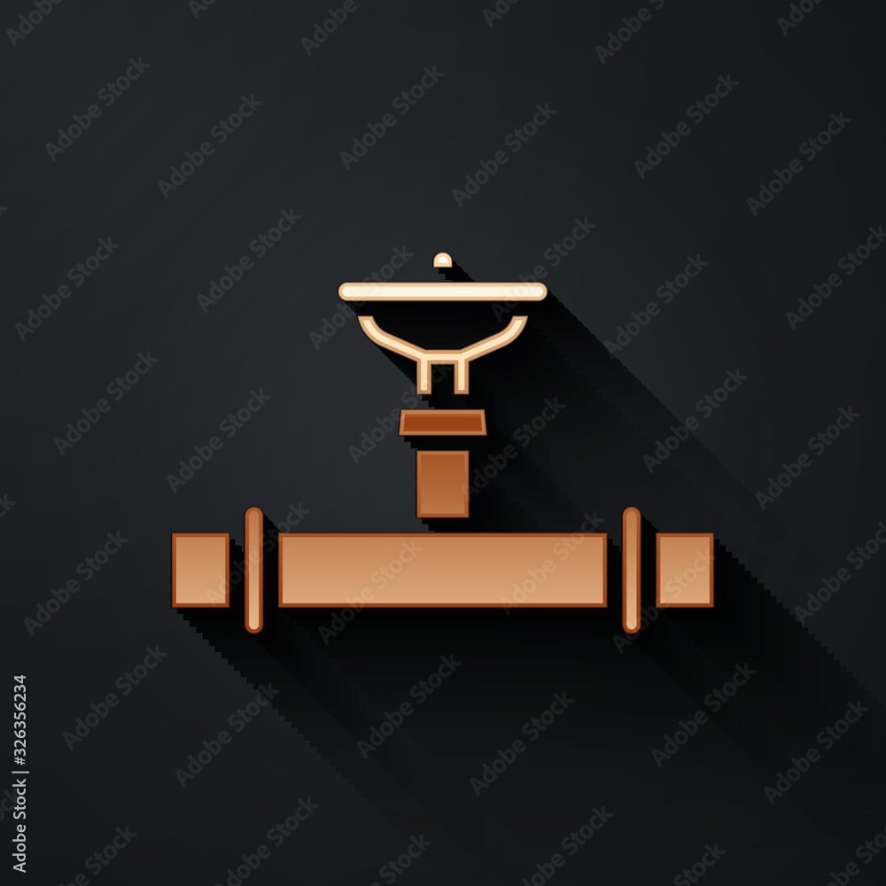 Gold Industry metallic pipe and valve icon isolated on black background. Long shadow style. Vector I