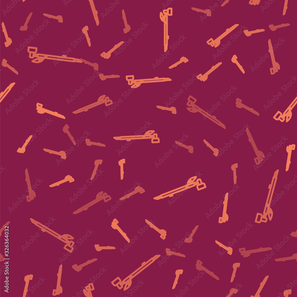 Brown line Native American indian smoking pipe icon isolated seamless pattern on red background. Vec