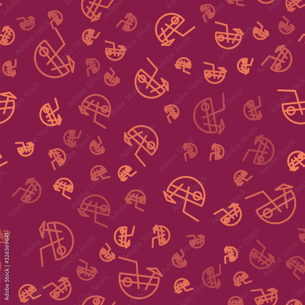 Brown line Coconut juice exotic fresh cocktail and umbrella icon isolated seamless pattern on red ba