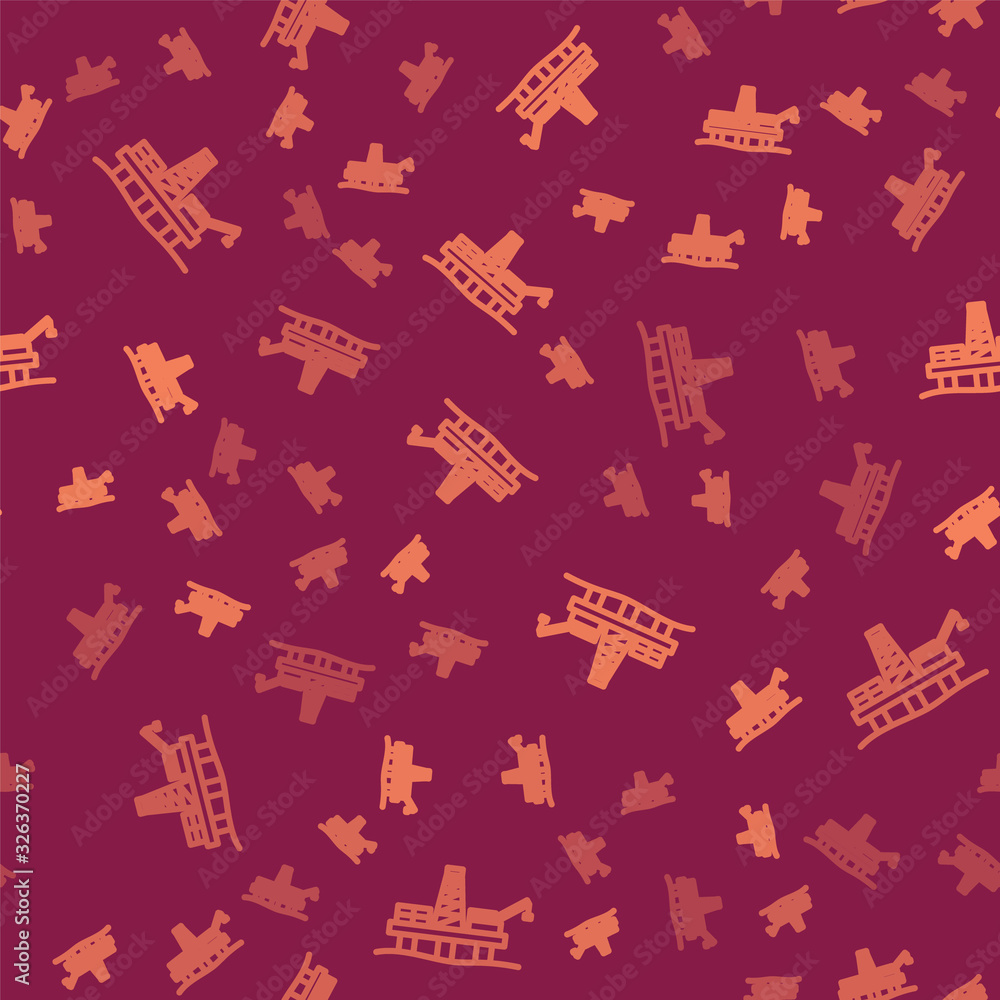 Brown line Oil platform in the sea icon isolated seamless pattern on red background. Drilling rig at