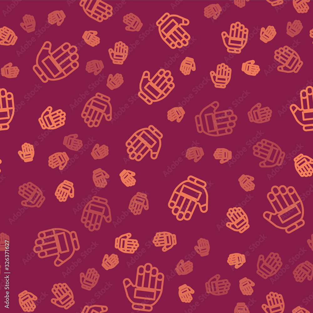 Brown line Hockey glove icon isolated seamless pattern on red background. Sports playing and trainin