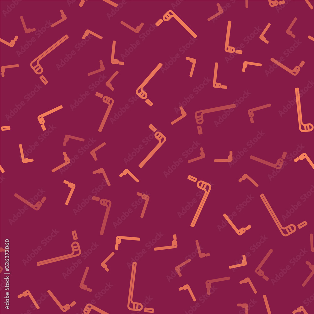 Brown line Ice hockey stick and puck icon isolated seamless pattern on red background. Vector Illust