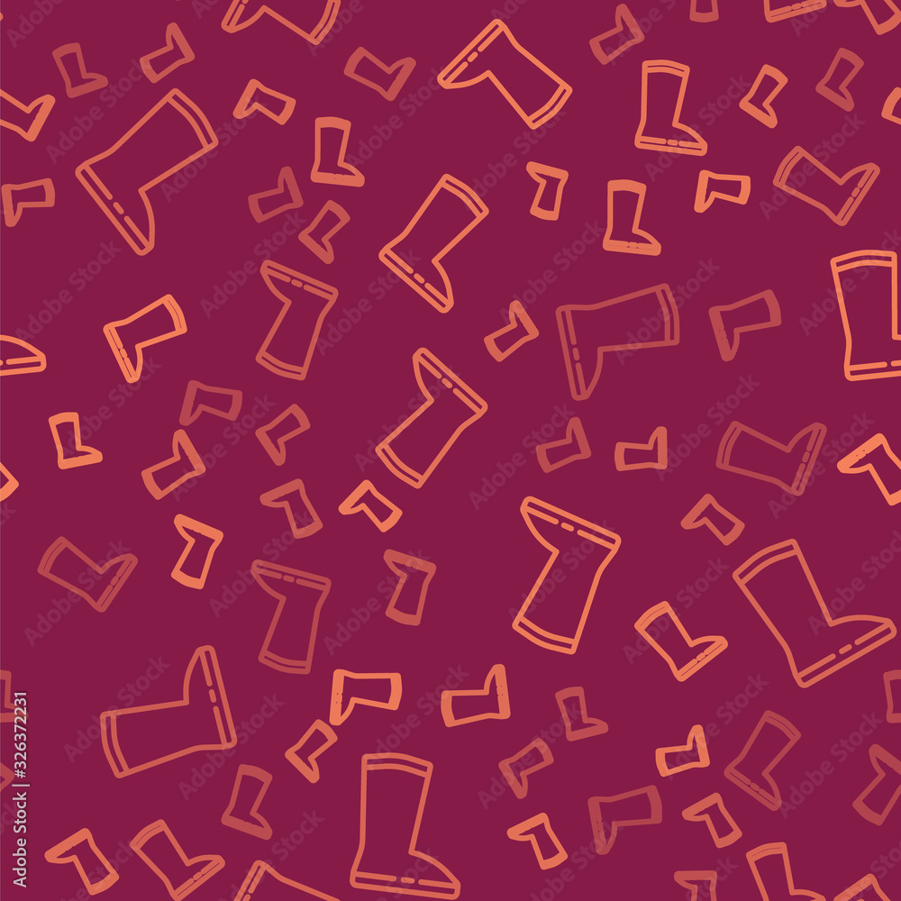 Brown line Waterproof rubber boot icon isolated seamless pattern on red background. Gumboots for rai