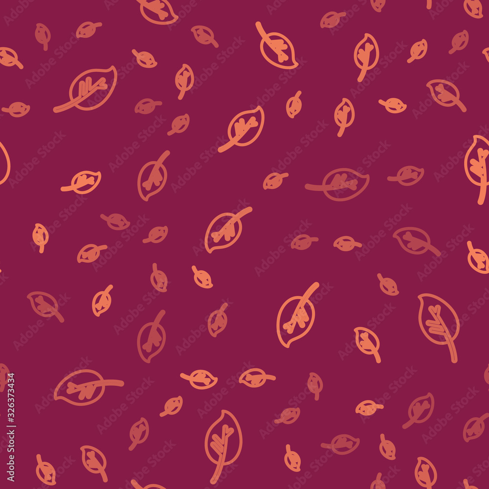 Brown line Leaf icon isolated seamless pattern on red background. Leaves sign. Fresh natural product