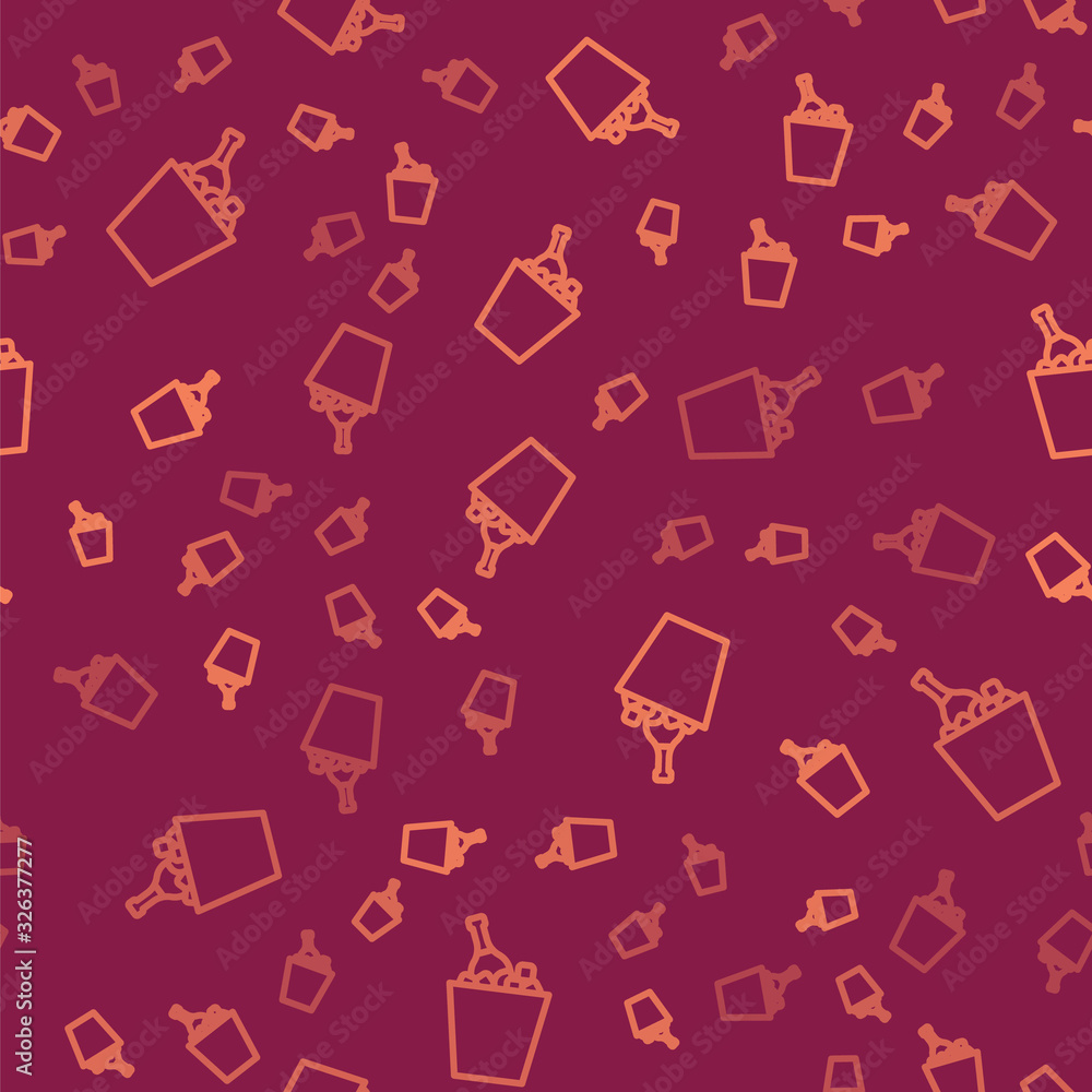 Brown line Bottle of champagne in an ice bucket icon isolated seamless pattern on red background. Ve