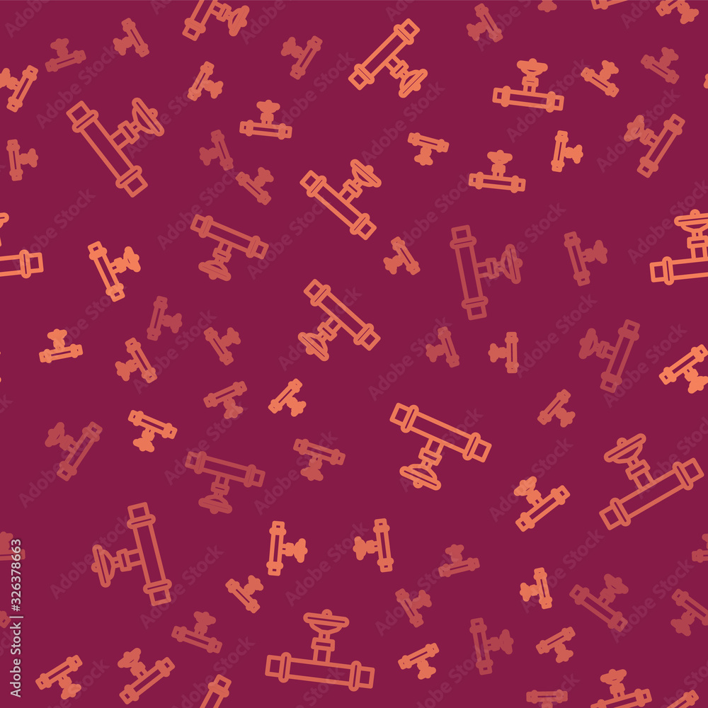 Brown line Industry metallic pipe and valve icon isolated seamless pattern on red background. Vector