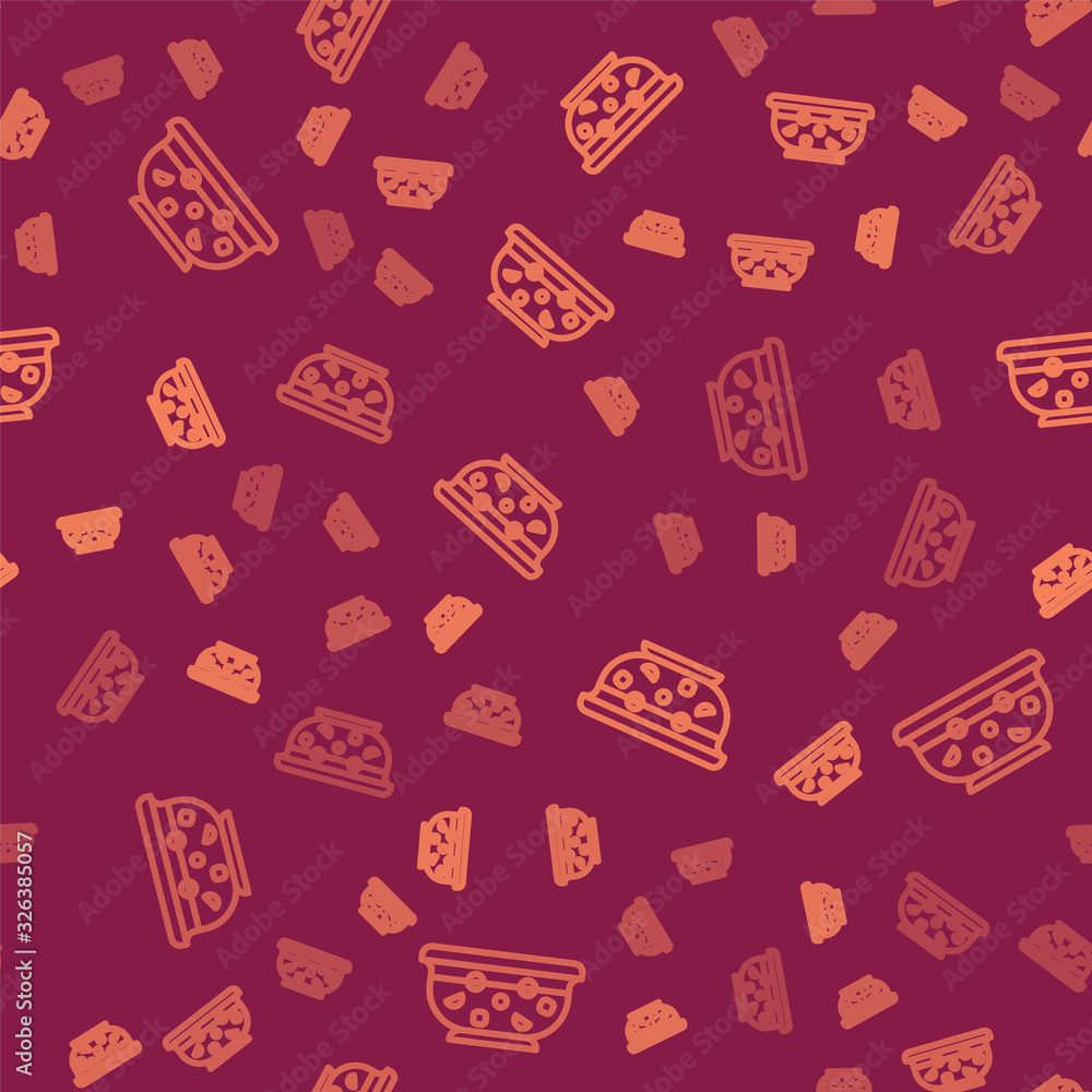 Brown line Mixed punch with fresh fruits in bowl icon isolated seamless pattern on red background. V