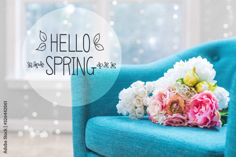 Hello Spring message with flower bouquets with绿松石椅子