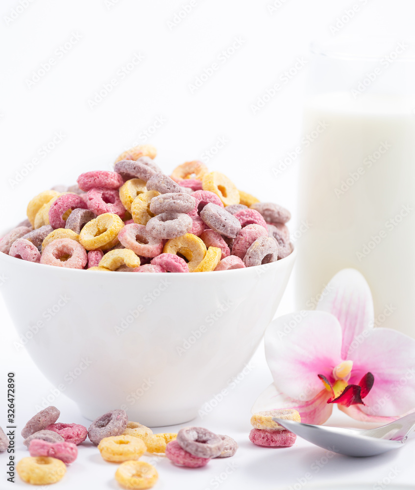 Corn cereal breakfast flake in children cups and milk is a healthy breakfast that is good for your b