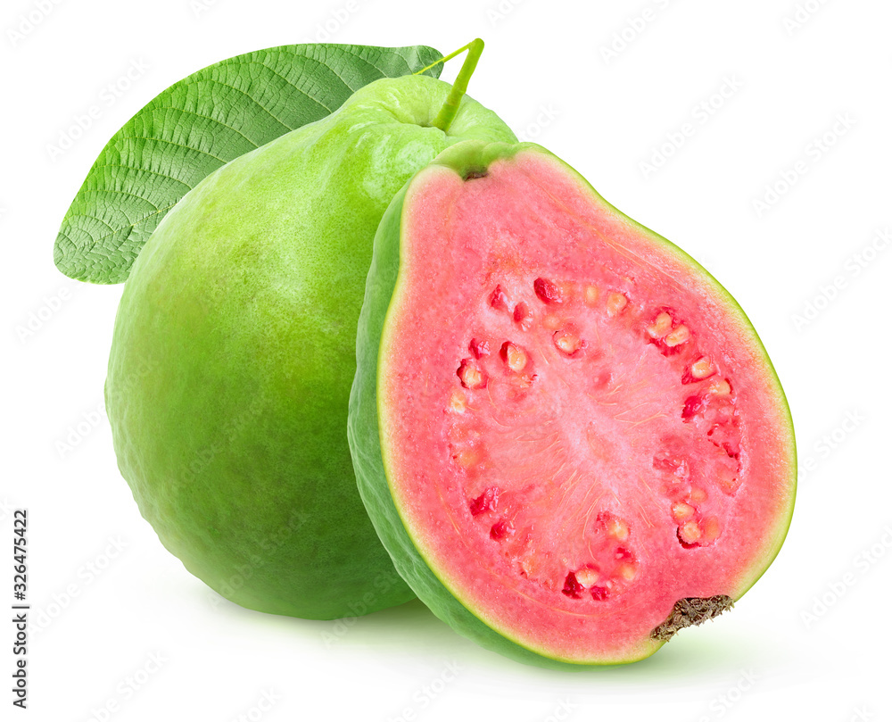 Isolated green guava with pink flesh. One whole fruit and a half isolated on white background with c