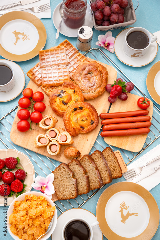 Breakfast Served in the morning with cereal bread, raisin bread, banana bread, sausage bread, chicke