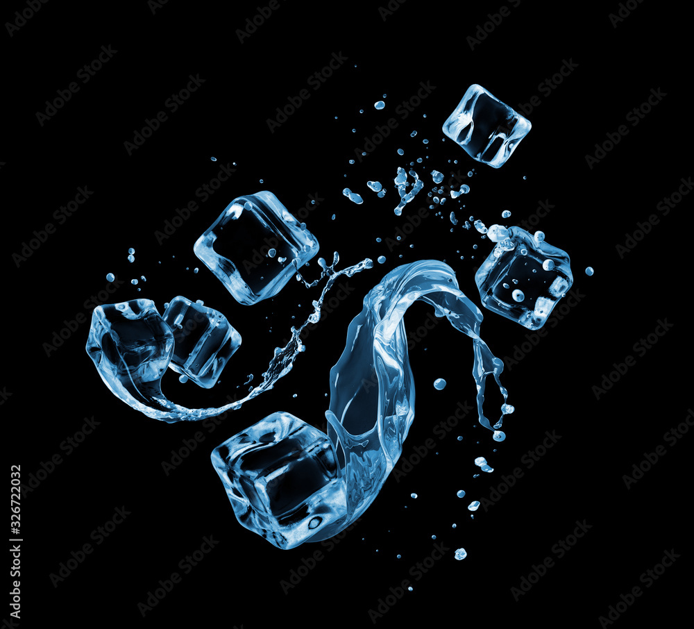 Ice cubes with splashes of water on black background