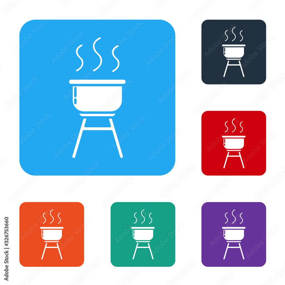 White Barbecue grill icon isolated on white background. BBQ grill party. Set icons in color square b