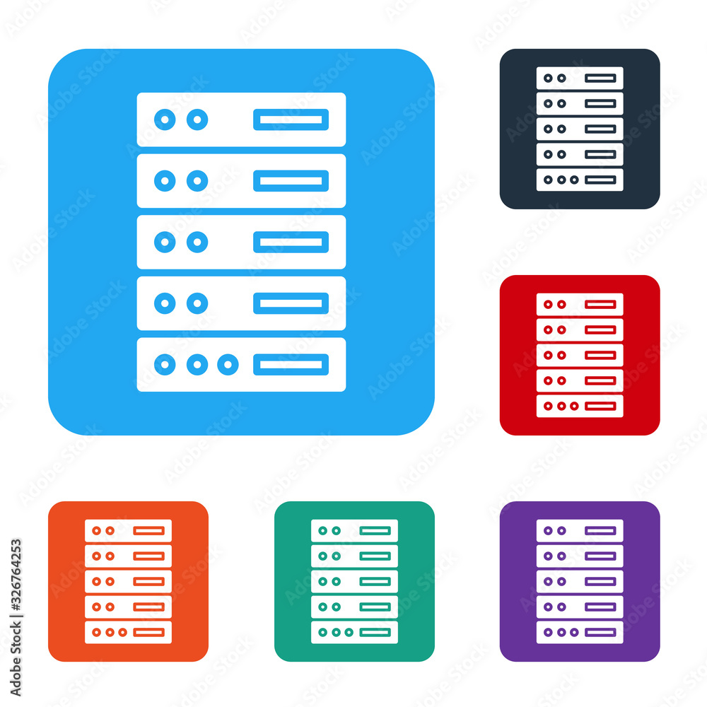 白色服务器、数据、Web主机图标隔离在白色背景上。将图标设置为彩色方形按钮