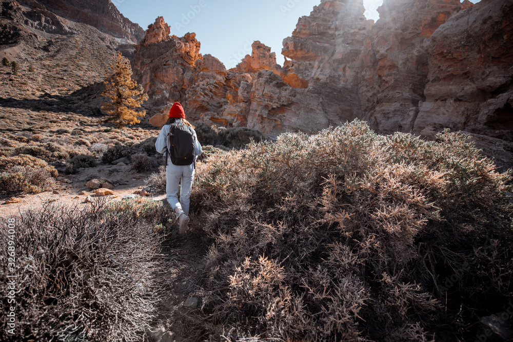 沙漠山谷上美丽的岩石景观，一位女士在特附近的自然公园旅行