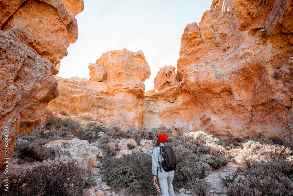 沙漠山谷上美丽的岩石景观，一位女士在特附近的自然公园旅行