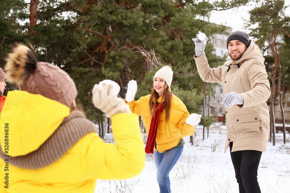 冬日快乐一家人在公园玩雪球