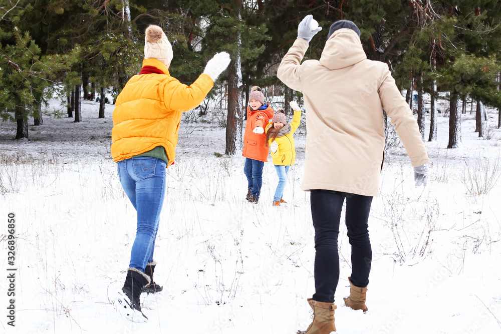 冬日快乐一家人在公园玩雪球