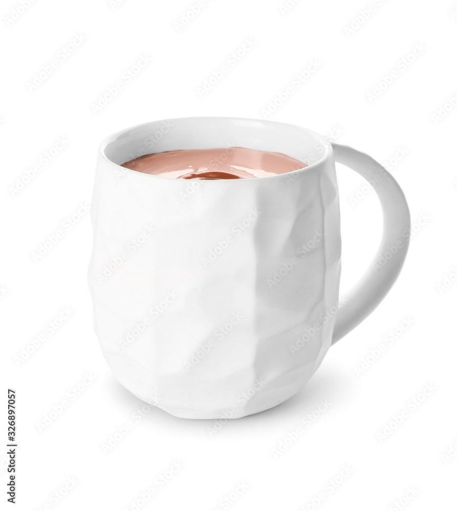 Cup of hot chocolate on white background