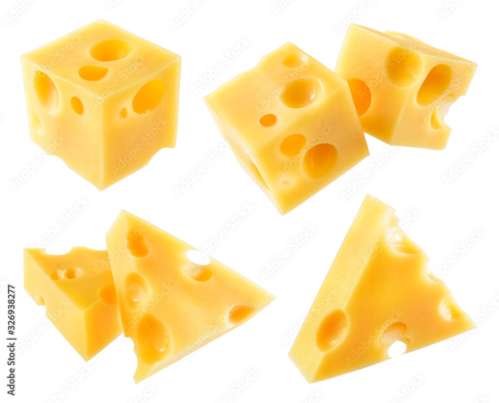 Cheese isolated. Cheese piece, cube, triangle on white background. Cheese collection. Clipping path.