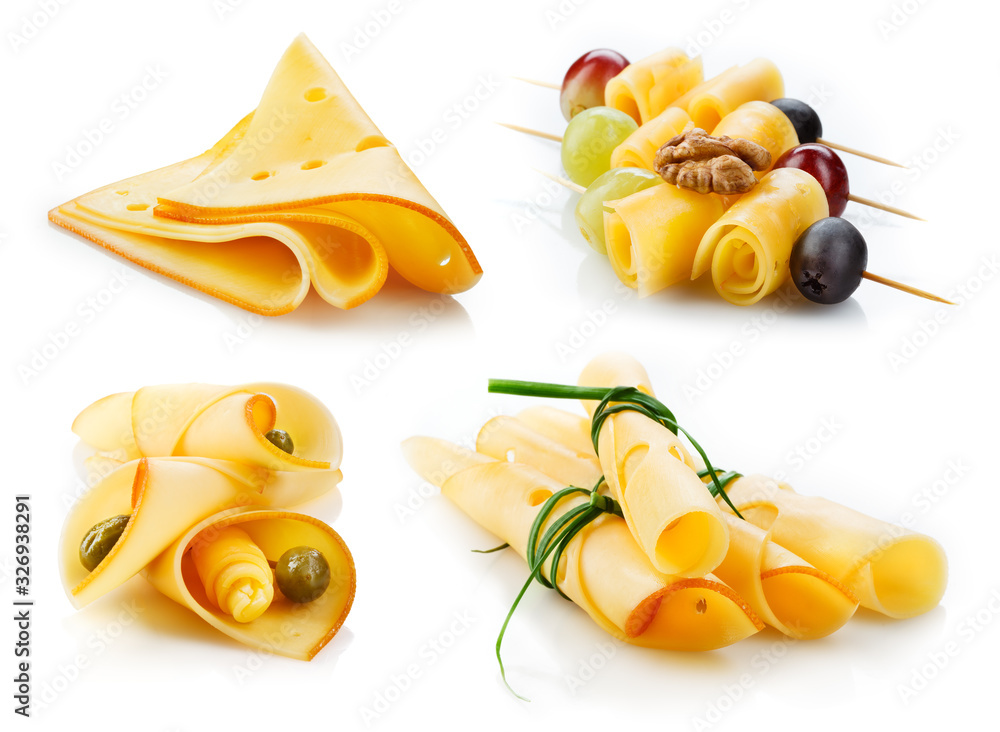 Cheese isolated. Cheese appetizer. Cheese set on white background.