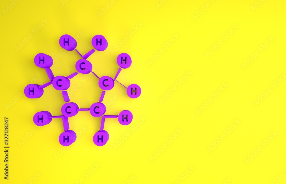 黄色背景上分离的紫色分子油图标。化学中分子的结构。最小