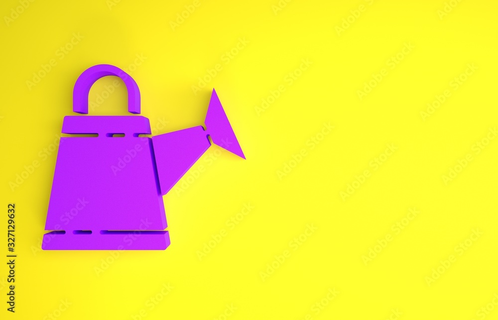 Purple Watering can icon isolated on yellow background. Irrigation symbol. Minimalism concept. 3d il