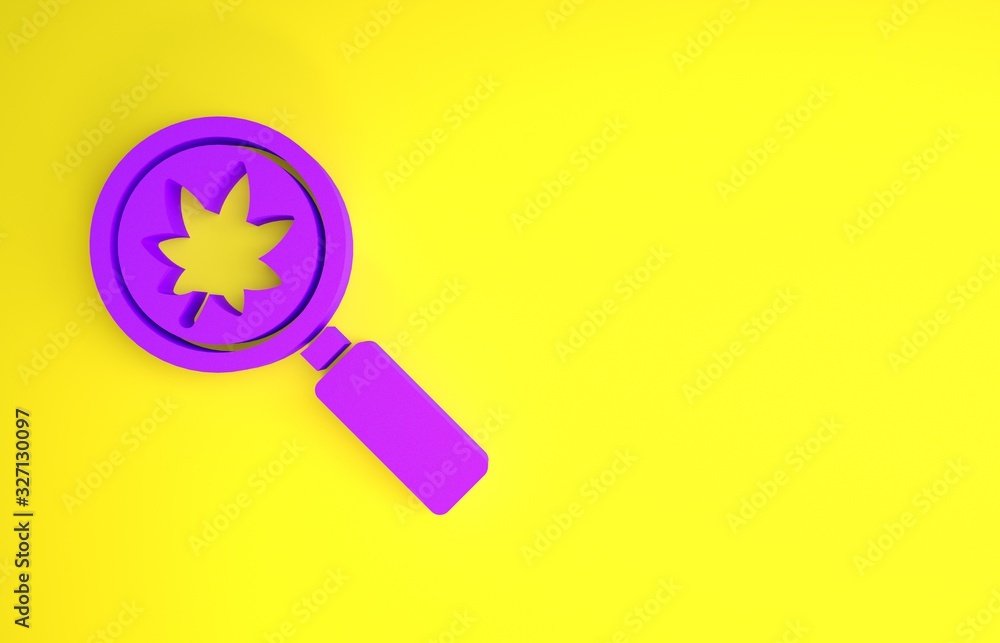 Purple Magnifying glass with leaf icon isolated on yellow background. Scientific biology, study natu