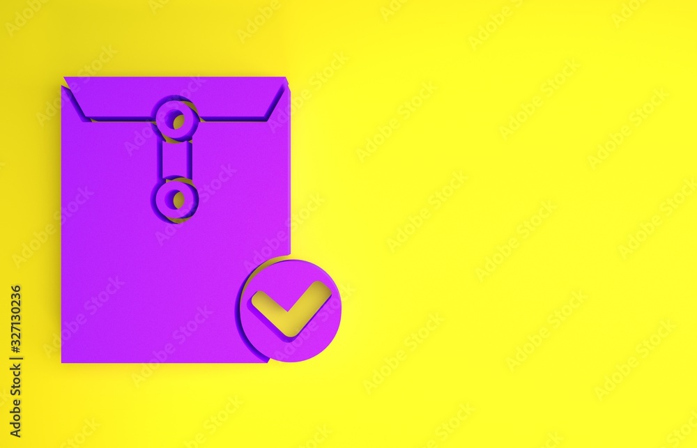 Purple Envelope and check mark icon isolated on yellow background. Successful e-mail delivery, email