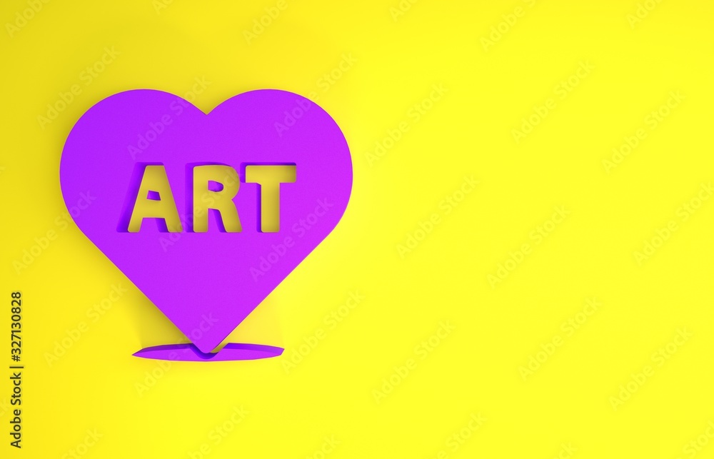 Purple Heart with text art icon isolated on yellow background. Minimalism concept. 3d illustration 3