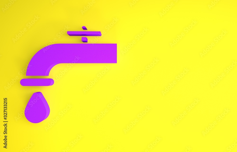 Purple Water tap with a falling water drop icon isolated on yellow background. Minimalism concept. 3