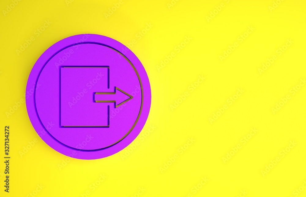 Purple Fire exit icon isolated on yellow background. Fire emergency icon. Minimalism concept. 3d ill