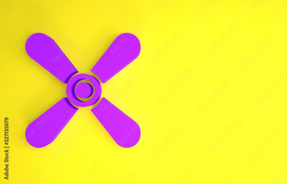 Purple Plane propeller icon isolated on yellow background. Vintage aircraft propeller. Minimalism co