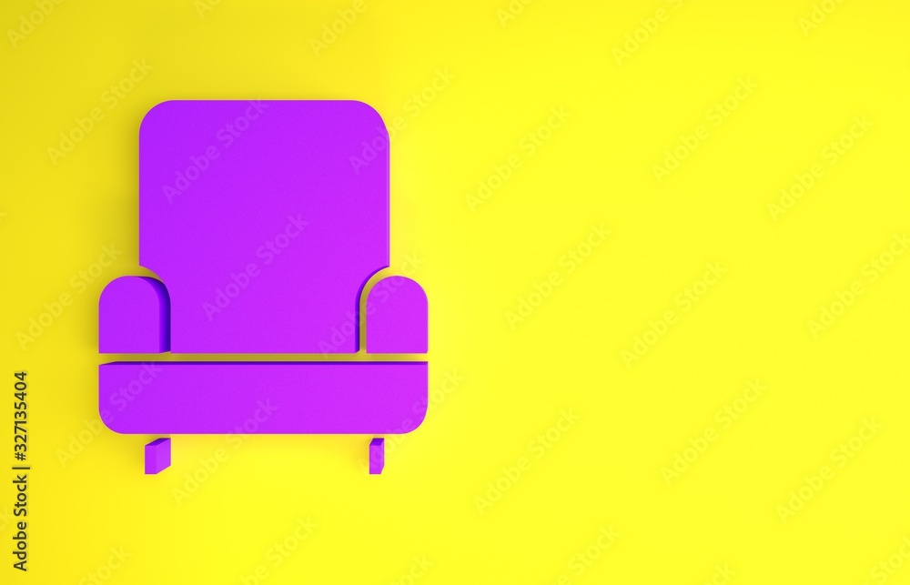 Purple Armchair icon isolated on yellow background. Minimalism concept. 3d illustration 3D render