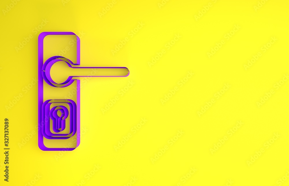 Purple Door handle icon isolated on yellow background. Door lock sign. Minimalism concept. 3d illust