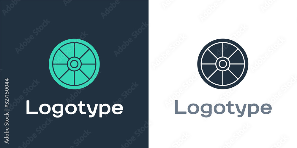 Logotype Old wooden wheel icon isolated on white background. Logo design template element. Vector Il