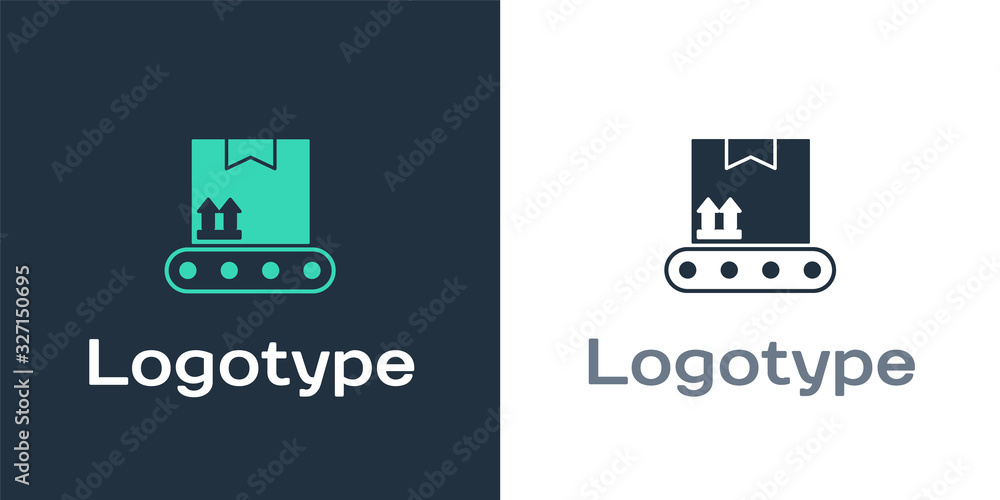 Logotype Conveyor belt with cardboard box icon isolated on white background. Logo design template el