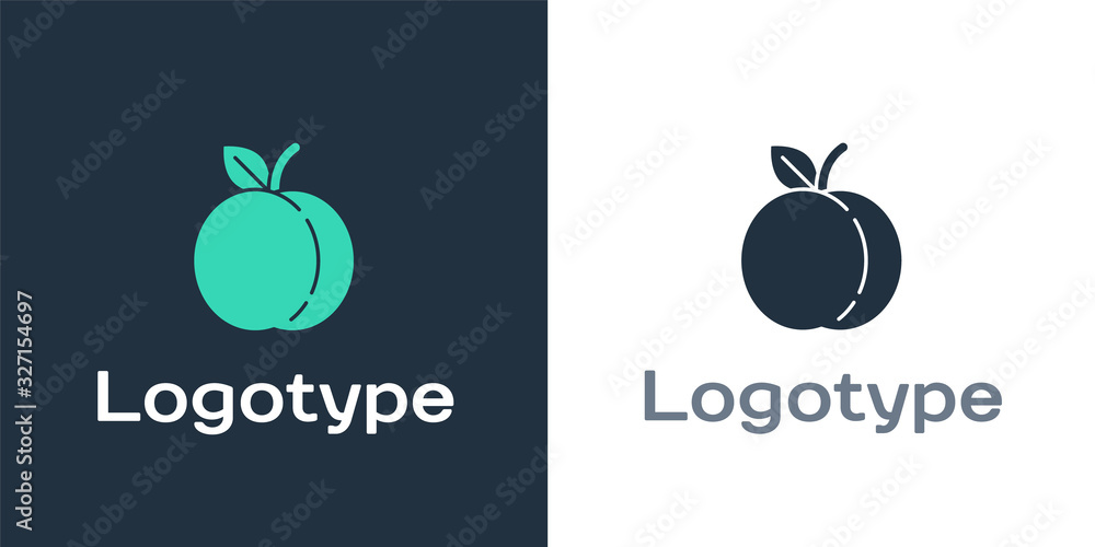 Logotype Peach fruit or nectarine with leaf icon isolated on white background. Logo design template 