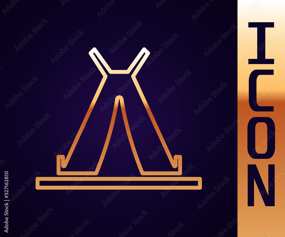 Gold line Traditional indian teepee or wigwam icon isolated on black background. Indian tent. Vector