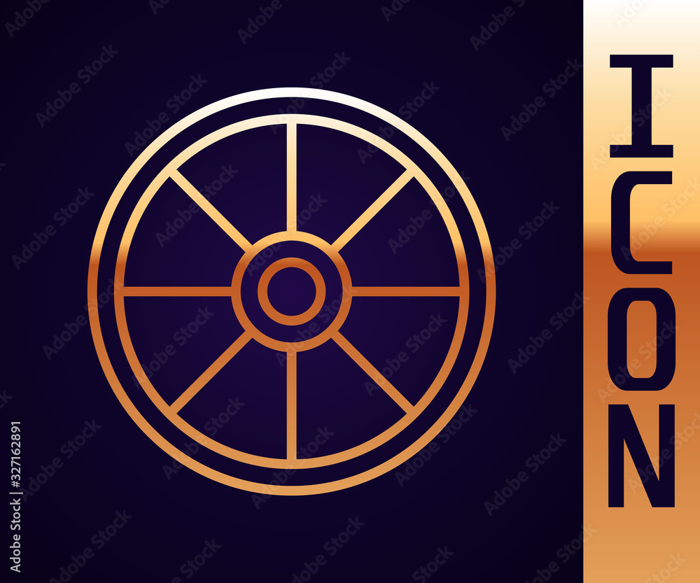 Gold line Old wooden wheel icon isolated on black background. Vector Illustration