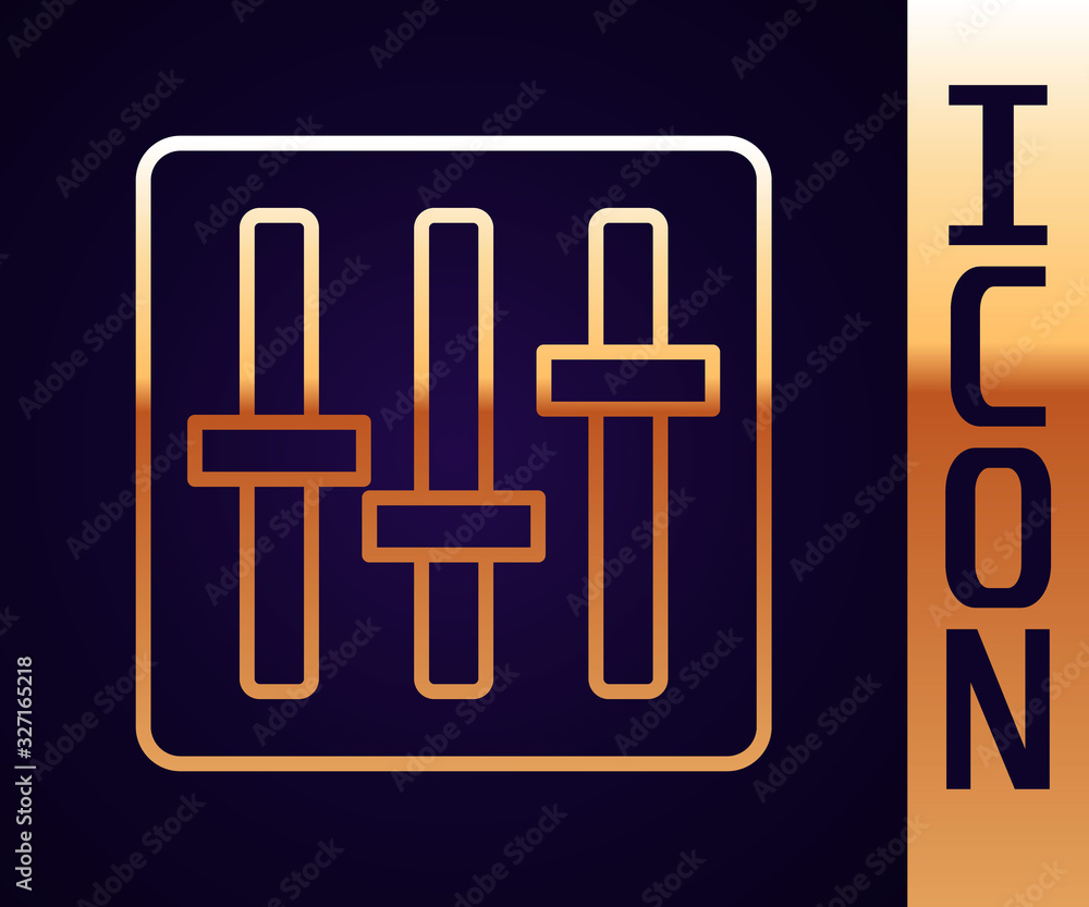 Gold line Sound mixer controller icon isolated on black background. Dj equipment slider buttons. Mix