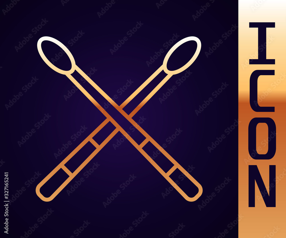 Gold line Drum sticks icon isolated on black background. Musical instrument. Vector Illustration