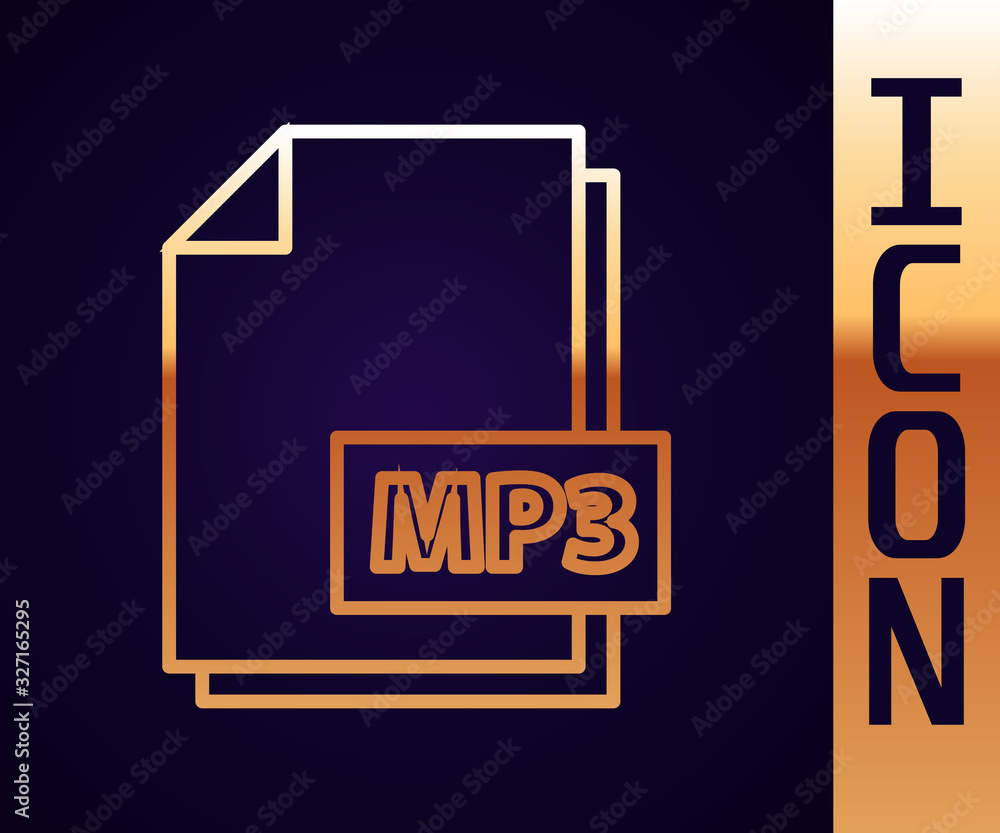 Gold line MP3 file document. Download mp3 button icon isolated on black background. Mp3 music format