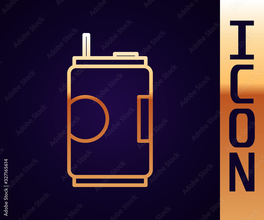 Gold line Soda can icon isolated on black background. Vector Illustration