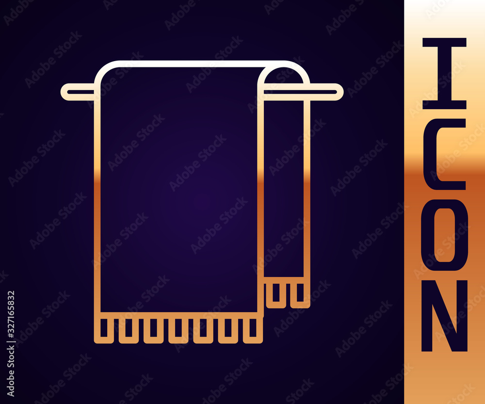 Gold line Towel on a hanger icon isolated on black background. Bathroom towel icon. Vector Illustrat