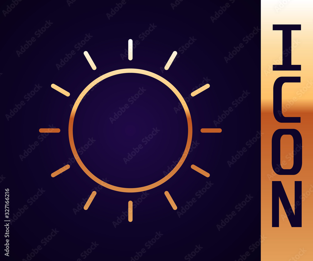 Gold line Sun icon isolated on black background. Summer symbol. Good sunny day. Vector Illustration